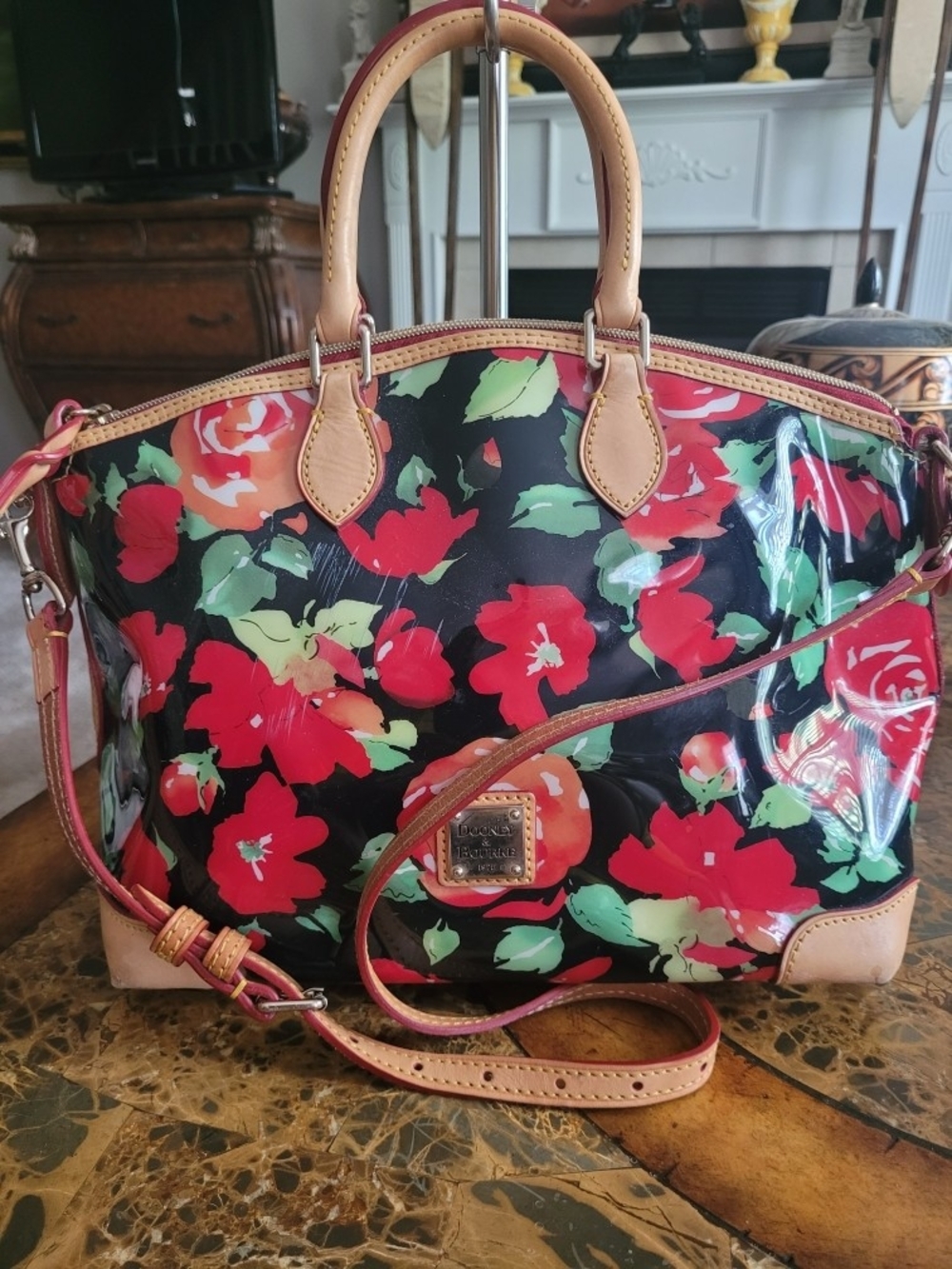 Dooney & Bourke Black Floral Patent Satchel - Red & Green Flower Print